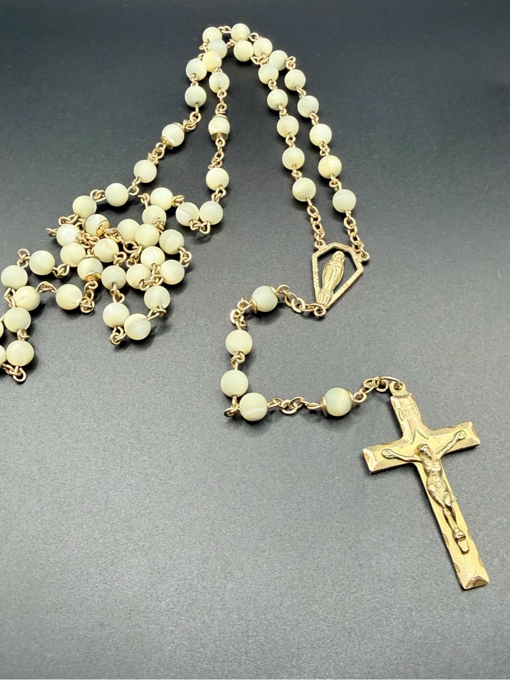 Vintage 1/20 12k Gold Filled Rosary Beads Crucifix White Yellow Gold Religious